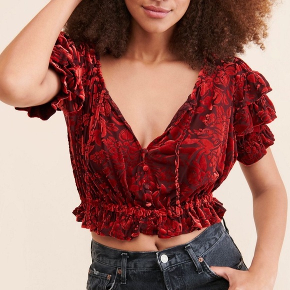 Free People Tops - Free People Velveteen Dream Red Floral Velvet Ruffled Puff Sleeve Top XL